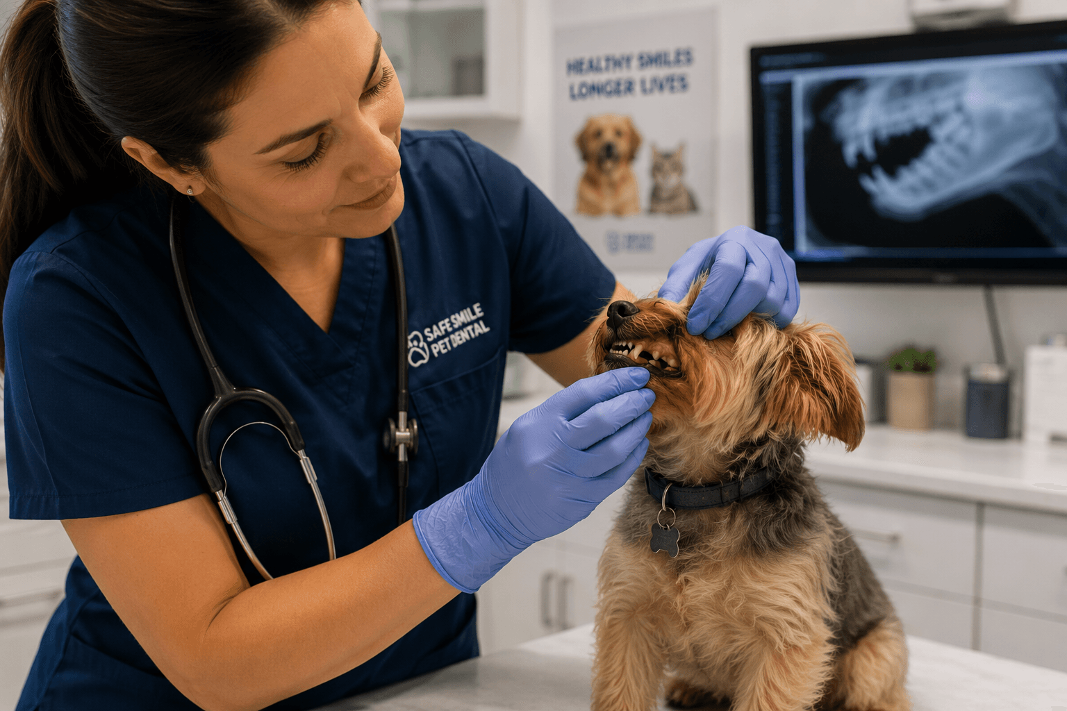 Licensed veterinarian examining a dog's dental health